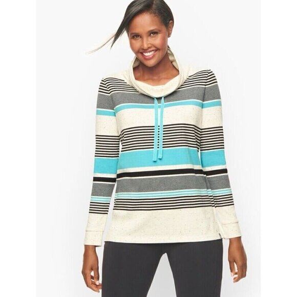 T by Talbots Womens Top Medium Petite MP Gray Blue Stripe Cowlneck Pullover - Picture 1 of 7